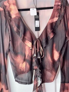 Fashion Nova Sheer Ruffle Tie-Front Blouse in Black and Rust w/ matching pants